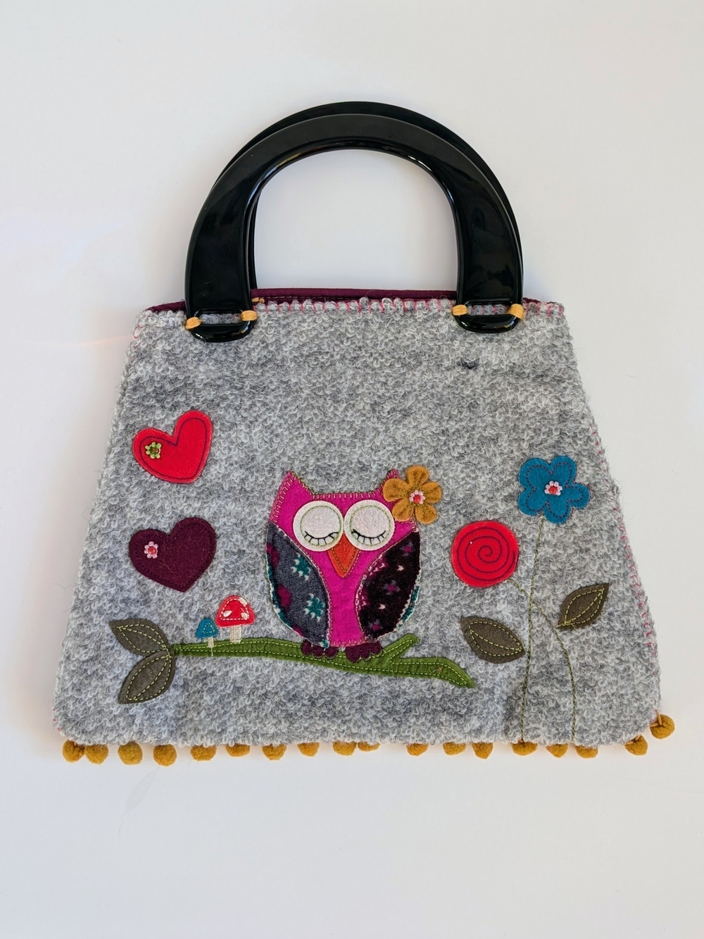 Natural Life Gray Owl Appliqué Clutch Bag with Black Handles